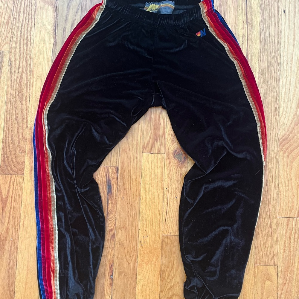 Black Velvet Joggers with Red and Blue Stripes